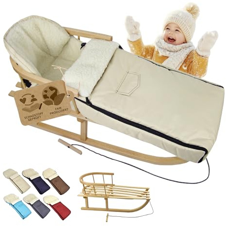 Kombi-erbjudande [träsläde universell vinteråkpåse 108 cm] kälke med ryggstöd och dragrep, fotsäck, lämplig för babystol, barnvagn, buggy med lammull (beige (108 cm))