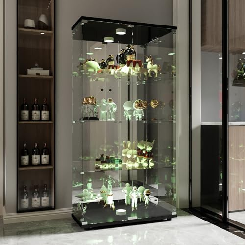 Teahutty Vetrina in vetro, Vetrinetta Espositiva LED RGB a 7colori, 4 ripiani 2 ante, Vetrina Soggiorno a Specchio, Vetrinette Colonna Espositiva Colonna per collezione