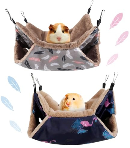 LYART 2 Pieces Guinea Pig Rat Ferret Hammocks and Warm Beds for Small Animals Pet, Squirrel Rat Ferret Cage Accessories and Toys for Sugar Glider Guinea Pig Hamster (1.Flamingo+Feather)