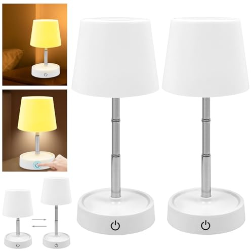 WIYETY 2 pièces Lampe de table LED : Lampe de table LED tactile rechargeable par batterie, réglable en hauteur, variable en intensité, IP54, rechargeable par USB - Blanc