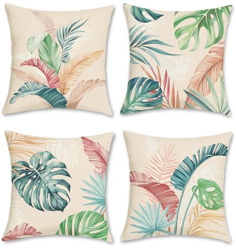 Bonhause Tropical Leaves Cushion Covers 45 x 45 cm Colorful Leaf Plant Polyester Linen Decorative Throw Pillow Covers for Sofa Couch Bed Home Garden Outdoor Decor Set of 4