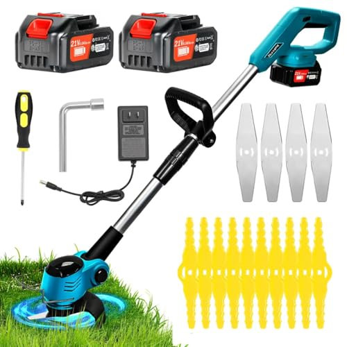 Xbzzgmg Debroussailleuse Electrique sans Fil 21V, Moteur 775 amélioré Coupe Bordure sans Fil avec 2*4.0Ah Batterie et Lames, Légère à Faible Bruit, Stockage amovible, pour Jardin, Pelouses