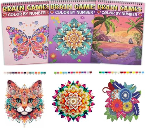 Zylota 3 Pack Colour by Number Adult Colouring Books,60 Animals Flowers Landscape Pattern for Relaxation,Adults Colouring Book Spiral Bound,Relaxing Colouring Books for Women