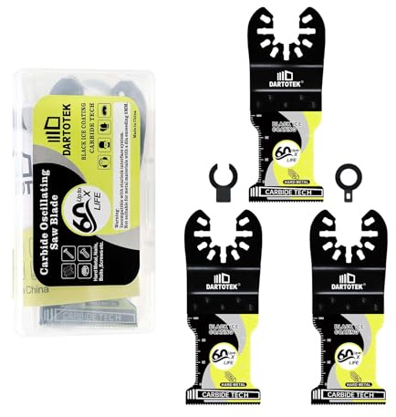 DARTOTEK Wolframkarbid Oszillierende Sägeblätter 3 Stücke, Multitool Sägeblätter Set für Metall, Holz, Titanbeschichtung zur Kühlung, Universal Oszillierendes Zubehör mit 2 Adapter