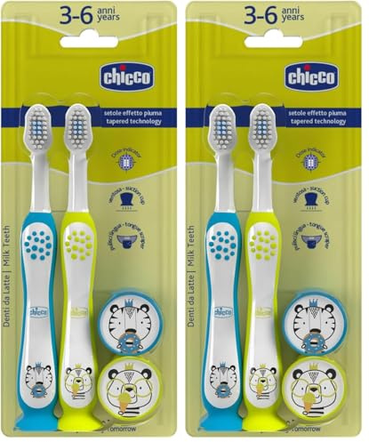 Chicco Set 2 Spazzolini da Denti per Bambini con Ventosa, Testina Arrotondata, Setole Morbide Delicate su Gengive e Dentini, Ampio Manico Antiscivolo, Coprisetole Incluso, 3-6 Anni, 2 Pezzi, Bimbo