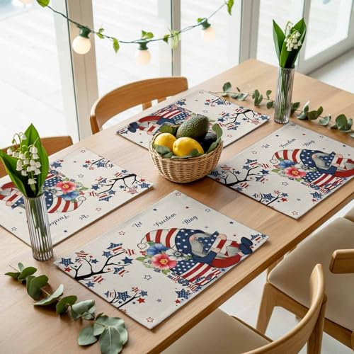 Independence Day Dwarfs Placemats Set of 4,Wipeable Washable Table Mats for Dining Tables, Opium Poppy on Retro Linen Place Mats for Kitchen Event Party Tabletop Decor