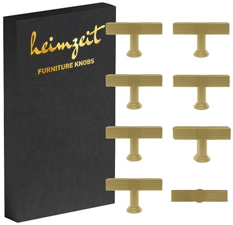 heimzeit Skåpknoppar Bar för Dörrar, Lådor och Byråer [8 Stycken, T-formad] Färg: Guld, Stilren Design, Möbelknoppar med ett hål Handtag och Skruvar
