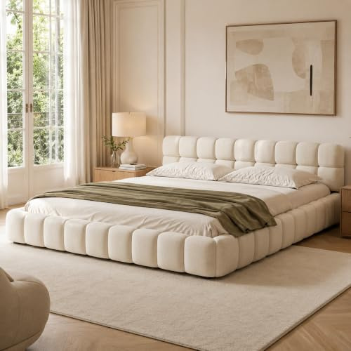 DULRLLY Lit Double Rembourré 160x200, Lit Bubble avec Sommier à Lattes, Lits 2 Personnes Capitonne avec Tête de Lits, Cadre de Lit pour Adulte Chambre à Coucher et Chambre d'amis, sans Matelas, Lin