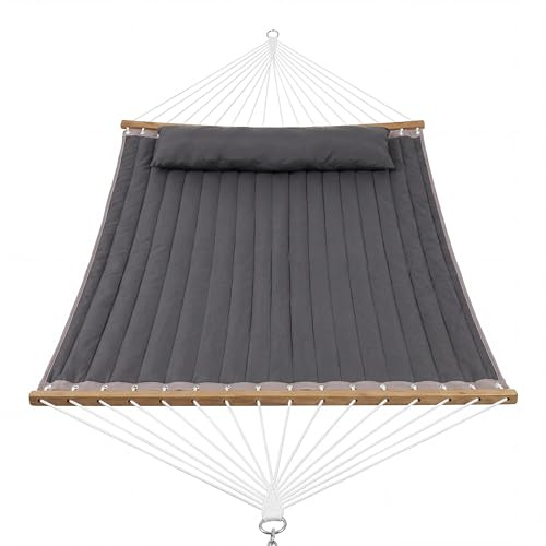 RBFGYIOP Amaca Matrimoniale da Giardino per 2 Persone – Tessuto Imbottito, Barra in Legno, Cuscino Rimovibile, Tasche – Grigio Scuro – 350cm