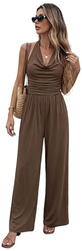 Xiaoliny Jumpsuits for Women UK Summer Sexy Halter Neck Backless Long Playsuit Sleeveless Wide Leg Overall Ribbed High Waist Ruched Romper Casual One Piece Outfits for Party Wedding Guest Clubwear