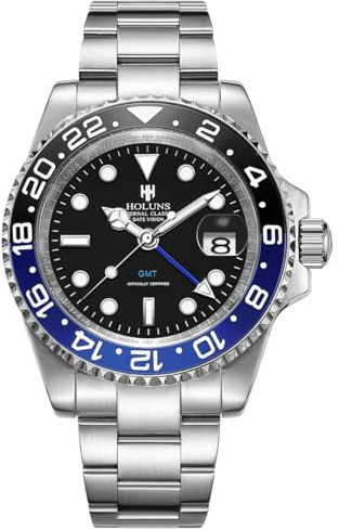 Luxus Herren GMT Automatikuhr Saphir Wasserdicht Edelstahl Leuchtende Business Uhr, schwarz blau, Automatikuhr