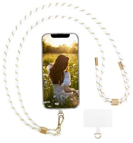 AHABIPERS Handykette Universal, Nylon Handy Kette, Verstellbarer Crossbody Handyschnur, Handy Umhängeband Kompatibel mit Meisten Smartphones, TPU Handy-Patch mit Metallring - ohne Hülle (Weiß&Gold)