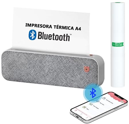 Impresora Portatil Térmica Bluetooth A4 - Impresora pequeña portatil de Viaje con Papel Térmico sin Tinta ni tóner - Compatible con Ordenadores Windows, Mac... y Móviles Android, iOS - PeriPage Gris