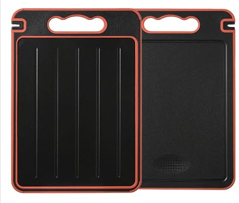 Cutting Board with Defrosting Tray Knife Sharpener, and Spice Grater. 4-in-1 (MSY3) Multi-use, No Electricity; Press Board Double-Sided Frost Away Plate Chopping Board Kitchen. (Black & Red)