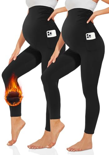 TNNZEET Umstandsleggings Damen Umstandsmode Blickdicht Schwangerschaft Leggings Umstandshose Lang mit Taschen für Yoga(Thermo-Schwarz,M)