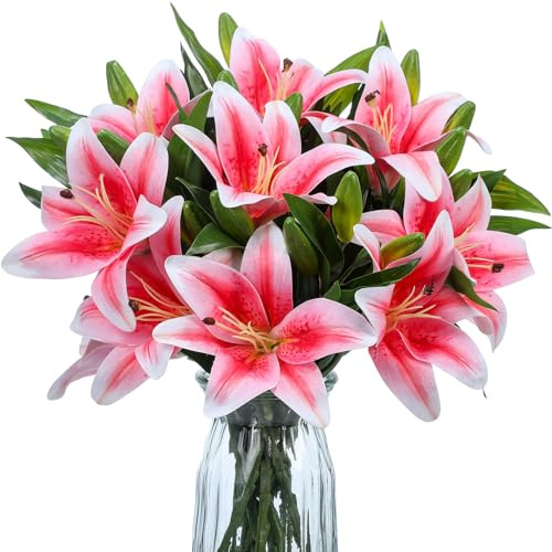 XunYee 16 Pcs Artificial Tiger Lily Flowers Lifelike Touch Lily Latex Lilies Flowers Artificial Bouquet Faux Latex with Rods for Summer Home Decoration Birthday(Pink and Green)