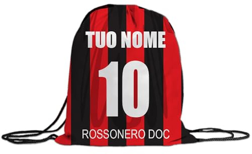 MOCHEIA SHOP Sacca a zaino per Palestra, Calcio, realizzata in Ottimo Poliestere, misura 30x40 cm, idea regalo tifoso Milanista, Personalizzabile con nome e numero