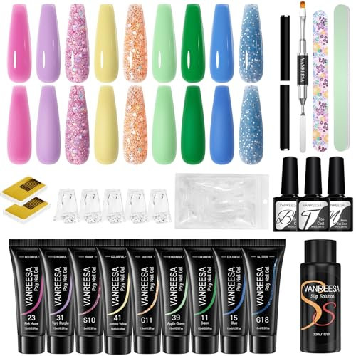 VANREESA Kit Poly Uñas Gel, 9 Colores 15 ml Kit Uñas Acrilicas, Kit Uñas de Gel con Base Top Coat y Instrumentos de Manicura, Regalo para Mujer