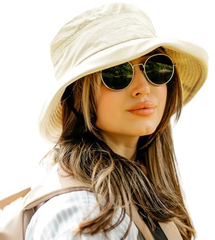 TOP-EX Ladies Sun Hats for Women Wide Brim UV Protection Summer Bucket Hat Foldable Outdoor Sunhat for Safari Fishing UPF 50 & Waterproof Beige M