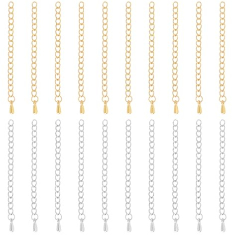 UNICRAFTALE 20 st 2 färger kedjeförlängning i rostfritt stål med tårformade berlocker, 55–63 mm, ändkedja, armband, förlängningskedja, halsband för smyckestillverkning