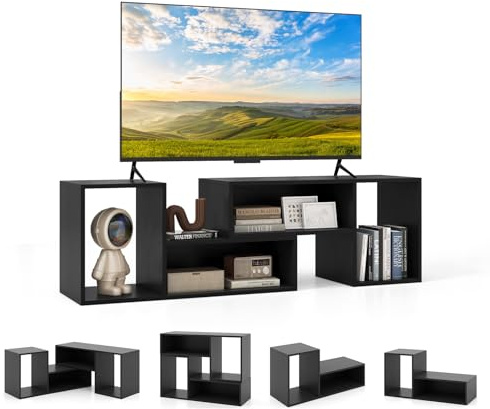 KOMFOTTEU Mobile TV Soggiorno Liberamente Combinabile da 2 Pezzi, Mobiletto TV Multifunzione per TV fino a 60”, Mobile Porta TV in Legno con Vani Aperti e Chiusi, per Camera da Letto (Nero)