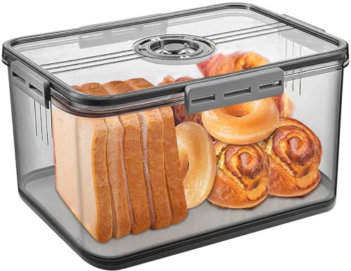 Gifhomfix Bread Bins for Kitchen Counter, Time Recording Air Tight Bread Storage with Lid, Bread Box Plastic for Homemade Toast, Bagel, Donut and Cookies, LARGE, Dark