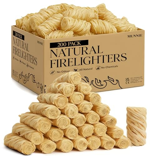 Munnie Natural Firelighters – 200 Eco Wood Wool Fire Lighters for BBQ, Fireplace, Stove, Campfire – Odourless, Fast Lighting, Eco-Friendly Kindling – Long Burn, Non-Toxic, All-Natural Fire Starter