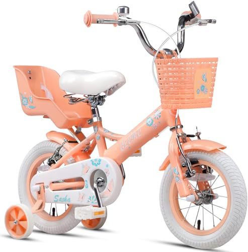 Glerc Bicicleta Infantil para Niñas 12 Pulgadas para Niños de 2 3 4 Años con Ruedines & Asiento de Muñeca & Cesta, Melocotón