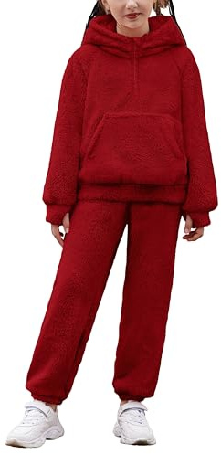 Arshiner Girls 2 Piece Outfits Drop Shoulder Hoodie Half Zip Fluffy Sweatshirt and Fleece Pants Sweatsuit