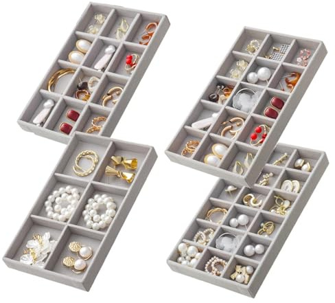 Jinavoty Lot de 4 organiseurs de bijoux pour tiroir - Plateau à bijoux en velours - Boîte de rangement pour boucles d'oreilles (gris)