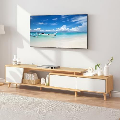 SHARPDO Ausziehbarer TV-Schrank (140-190 cm) mit 2 Schubladen, 1 Schrankfach mit Tür, 1 offenem Fach | Weiß & Holz | Lowboard für Wohnzimmer & Schlafzimmer