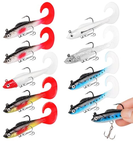 Vicloon Soft Tail Silicone Swimbait Lures Set, 9 Pcs Perch & Sea Bass Fishing Lures, Silicone Pike Fishing Lure with Hooks, Artificial Bait Sea Fishings Accessories for Bass, Trout, Fishings