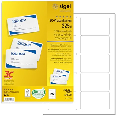 SIGEL LP798 Tarjetas de visita, 3C, imprimible, cartas de juego en blanco para anotar, 85x55 mm (A4), 225 g, 400 unds, 40 hojas