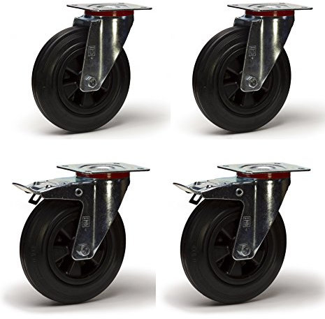 Lot roulettes pivotantes et pivotantes à frein caoutchouc noir 125 mm - 300 kg
