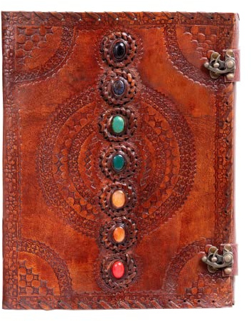 Hell Blues Journal relié en cuir non ligné, 33 x 25,4 cm, grand journal rustique médiéval 7 pierres en relief fait à la main, carnet de croquis vintage (200 pages)