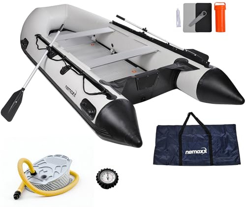 NEMAXX® Profi Schlauchboot 330 cm für 5 Personen – Paddel-, Angel- & Ruderboot – Kategorie C, 505 kg, Aluboden, motorisierbar bis 11 kW/15 PS – inkl. 2 Paddel, Pumpe, Manometer, Tasche & Reparaturset