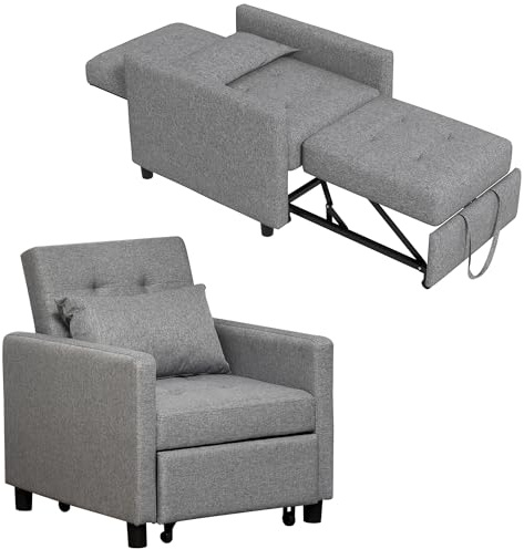 HOMCOM Sofá Cama de 1 Plaza 3 en 1, Sillón Cama Tapizado en Lino, con Respaldo Ajustable de 3 Niveles, Almohada Acolchada, para Oficina, Dormitorio, Salón, 69x82,5x84 cm, Gris