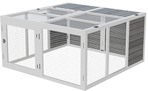 PawHut Conigliera da Esterno e Interno con Tetto Apribile, Gabbia per 2-4 Conigli in Legno e Metallo, Grigia 120x120x60cm
