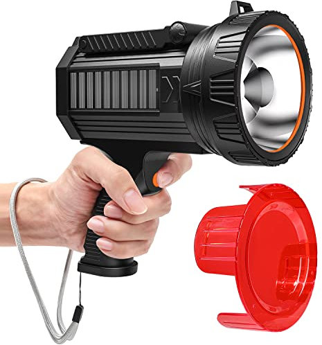 BUYSIGHT Rechargeable Spotlight Flashlight, 1000,000 lumens 600 Yards Range Solar Charge Hand held Large flashlights with red Lens Side Flood Light Warning Light USB C Input (Solar Red)