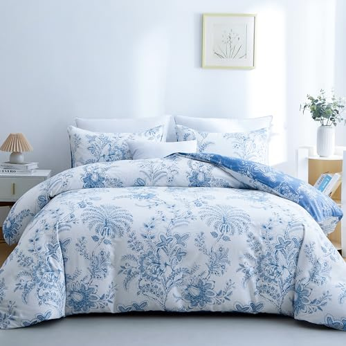 BOLINLIVING Blommigt påslakan king size 3 delar, blommigt påslakan med 2 örngott, mjukt blommigt bäddset vitt och blått för hela säsongen, andningsbar, blixtlåsstängning ..