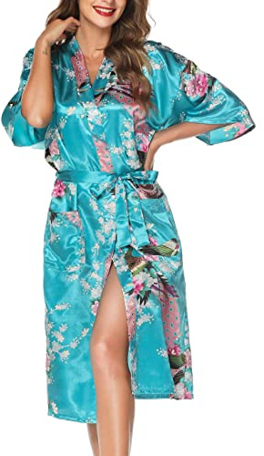 Lovasy Peacock and Blossoms Silk Dressing Gown for Women UK Kimono Dressing Gowns Satin Kimono Robe,Lake Blue,XL