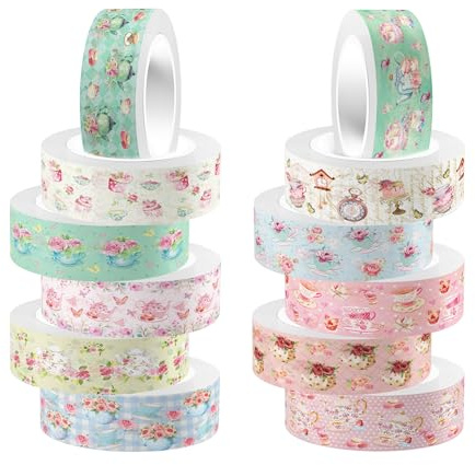 CC HOME Wunderland Washi Tape 12 rollos, 15 mm Tea Party Washi Tape Set, Masking Tape Decorativo Papel Pegatinas para Embalaje de Regalos, DIY Arte Artesanía