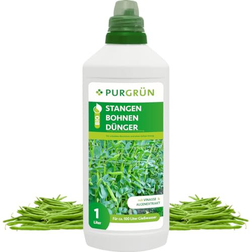 Purgrün® Bio-Stangenbohnen-Dünger 1 Liter – Organische Rezeptur – Premium-Flüssigdünger – NPK 4+1+7 – Mit Algenextrakt & Vinasse – Extra Kalium für einen hohen Ertrag – Ohne tierische Inhaltsstoffe