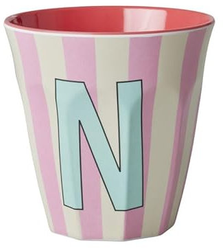 Rice Taza de melamina mediana a rayas con letras, modelo para niño azul y verde, tamaño 9 x 9 cm (N niña)