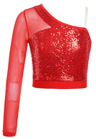 Kaerm Haut de Danse Enfant Fille Top Brassière Gymnastique Danse Jazz Moderne Hip Hop Paillettes Tenue Danceuse 5-14 Ans Rouge A 9-10 Ans