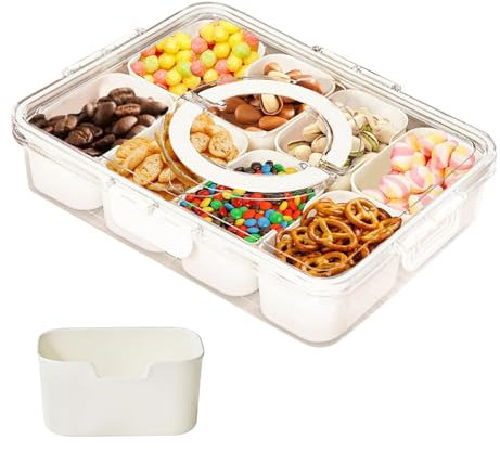 sesameless Snack Tray with Lid and Handle, 8 Compartment Divided Serving Tray Portable Food Snack Container Box Organizer for Food Snack Veggie Candy Spice for Kitchen Fridge Container