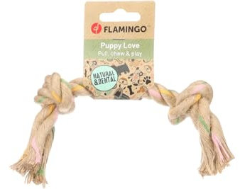 Flamingo Puppy Spielzeug Luro Seil mit 2 Knoten Braun – L | 38 cm L x 6 cm B x 6 cm H, 100% Natürlicher Hanf, Verhindert Zahnbelag und Massiert das Zahnfleisch, Perfekt für Welpen!