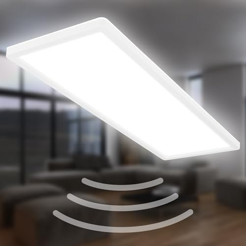 BRILONER - LED Deckenlampe mit Bewegungsmelder 3m Reichweite, 58x20x3 cm, IP44, neutralweiße Lichtfarbe, flach, 120 Grad Erfassung, Deckenleuchte, LED Panel, Badlampe, Badezimmerlampe, Weiß