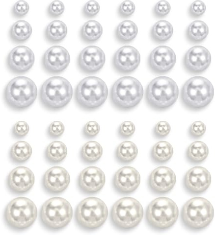 Lot de 24 paires de boucles d'oreilles en perles hypoallergéniques blanches et beiges - 4 tailles différentes - Avec rondeur - Pour femme et fille