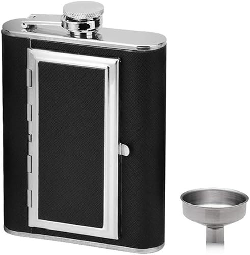 ESHINEDE Fiaschetta for liquori e imbuto - Fiaschetta tascabile in acciaio inossidabile a prova di perdite da 6 once con rivestimento in pelle nera for bere alcolici, whisky, rum e vodka con discrezio